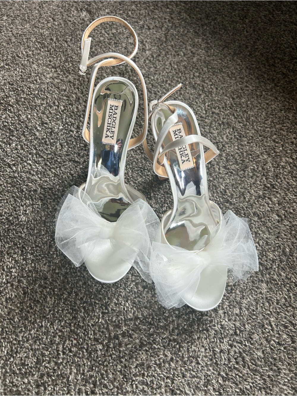 Badgley Mischka White Tulle Bow Ankle-Strap Heels